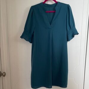 NWOT Teal V-Neck Dress with Puff Sleeves